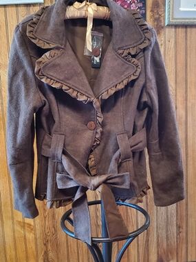Ruffle-Trim Belted Trench Coat - Brown